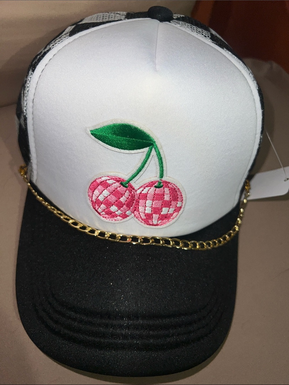 White & Black Cherry Embroidered Trucker Hat with Gold Chain